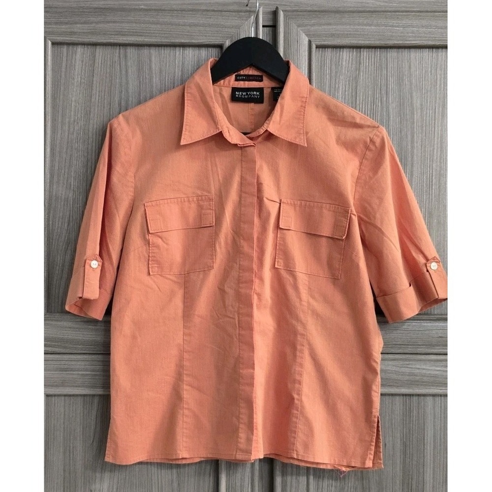 New York & Company (NY&C) Womens Size L Button Top Blouse Short Sleeve in Orange